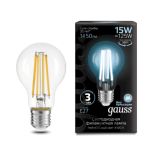 102902215 Лампа Gauss Filament A60 15W 1450lm 4100K E27 LED 1/10/40